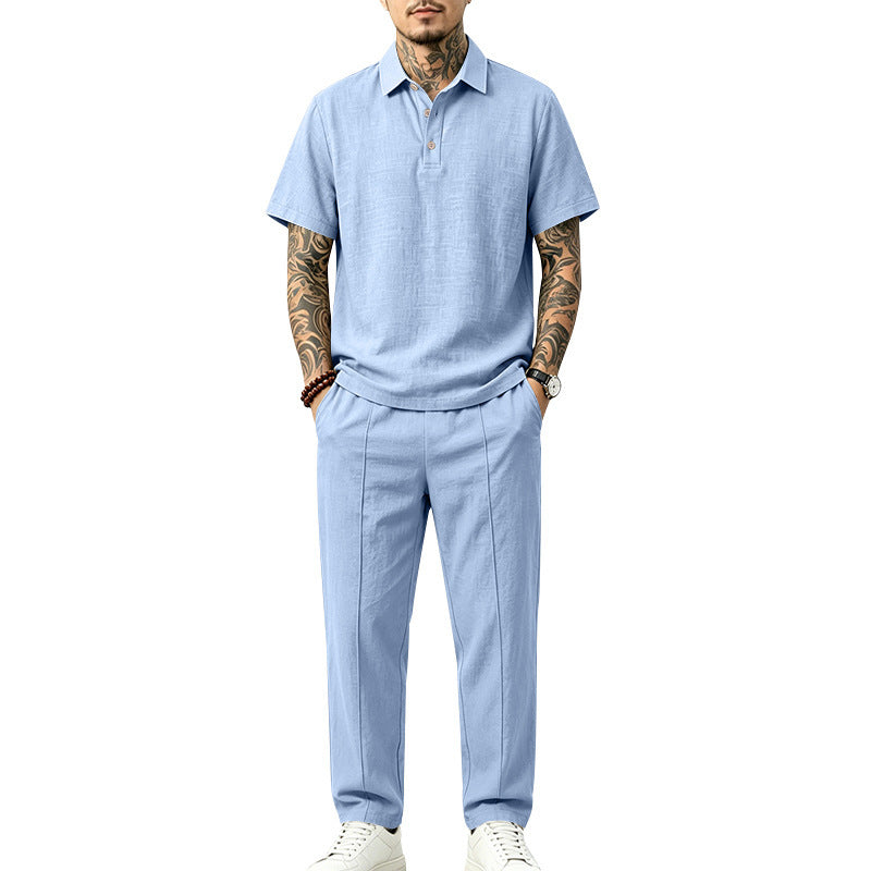 Herren Leichtes Leinenoptik-Loungewear-Set mit Polokragen und Bundfalten Drune