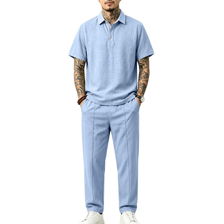Herren Leichtes Leinenoptik-Loungewear-Set mit Polokragen und Bundfalten Drune
