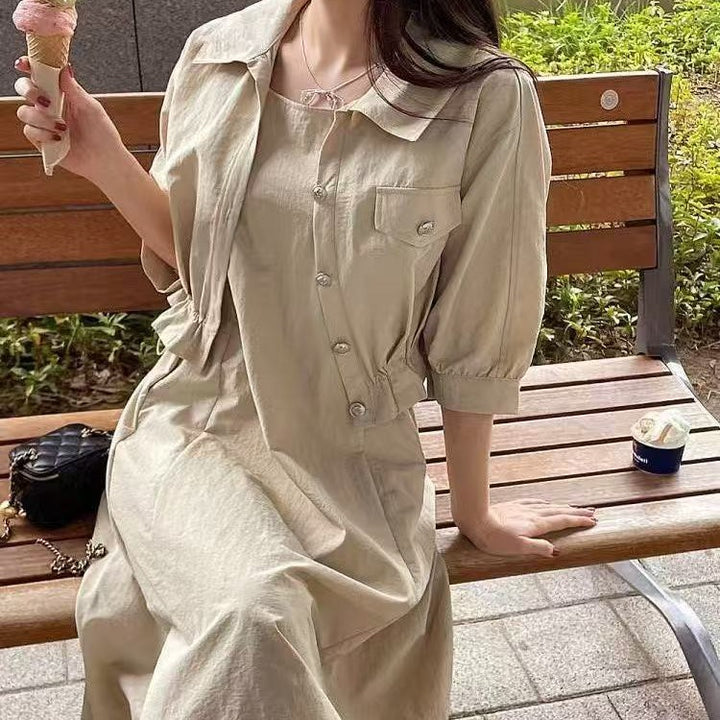Damen Zweiteiliges Leinenoptik-Midikleid mit kurzer Jacke, tailliertem Gummizug und Puffärmeln Drune