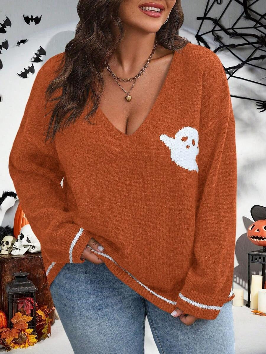 Damen Strickpullover mit Ghost-Motiv und V-Ausschnitt Drune