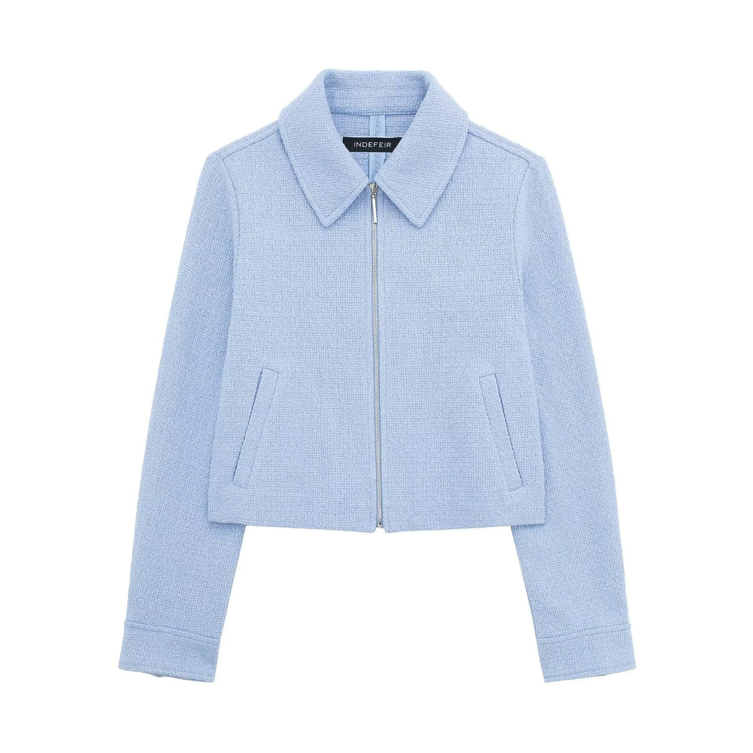 Damen nan strukturierte Kurzjacke im Bouclé-Look mit Reißverschluss und Hemdkragen Drune