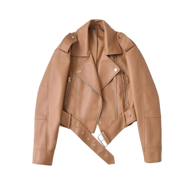 Damen taillierte Kunstleder-Bikerjacke mit Gürtel Drune