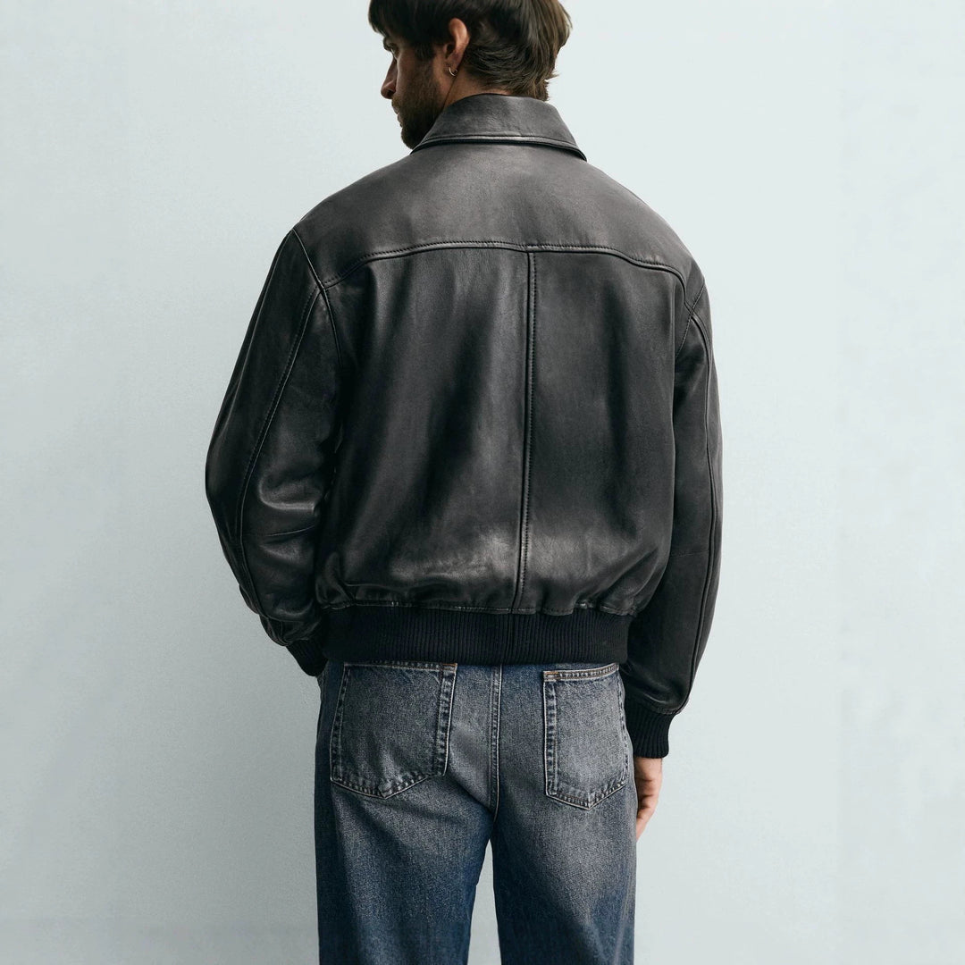Herren Glattleder-Blouson im Fliegerstil mit Hemdkragen und aufgesetzten Klappentaschen Drune