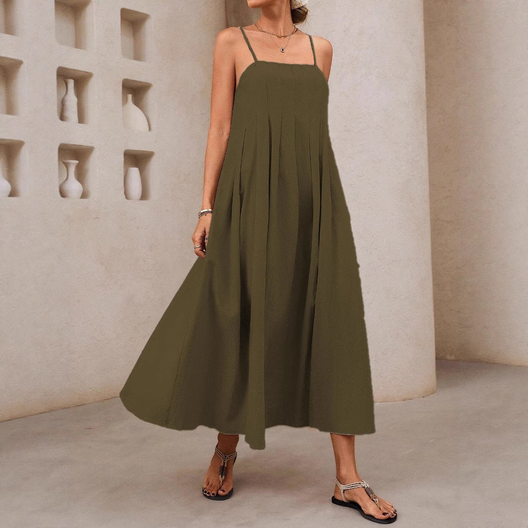 Damen Langärmliges Maxikleid mit Faltenwurf und Spaghettiträgern Drune