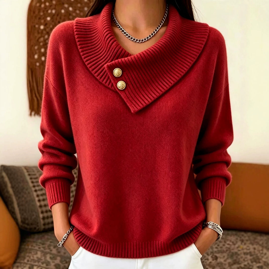 Damen Feinstrick-Pullover mit überlappendem Schalkragen und Zierknöpfen Drune