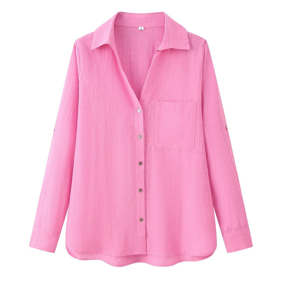 Damen Leichte Oversize-Leinenbluse mit Brusttasche und Hemdkragen Drune