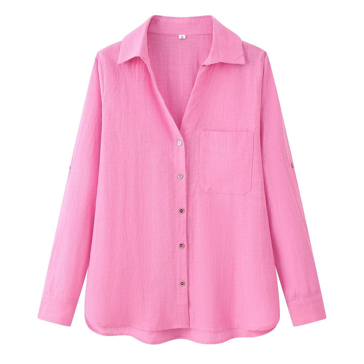 Damen Leichte Oversize-Leinenbluse mit Brusttasche und Hemdkragen Drune