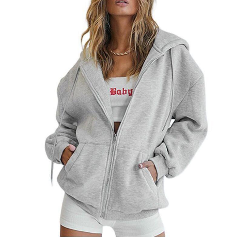 Damen nan Oversize-Zip-Hoodie mit Kapuze Kängurutaschen und weichem French-Terry Drune