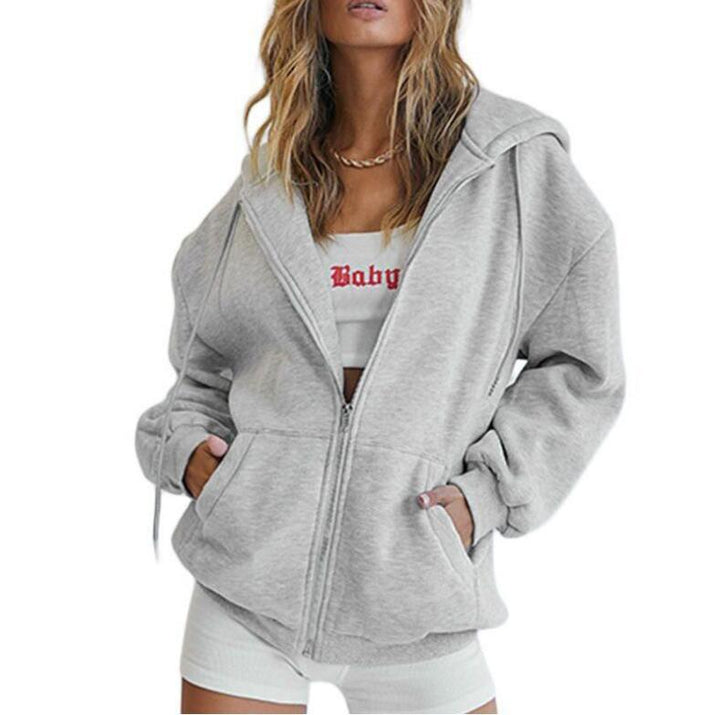 Damen nan Oversize-Zip-Hoodie mit Kapuze Kängurutaschen und weichem French-Terry Drune