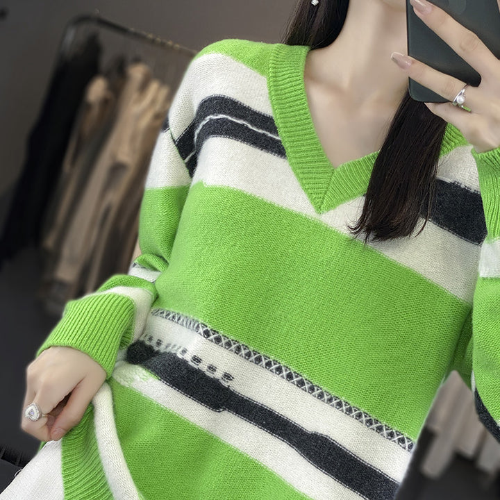 Damen Oversize-Strickpullover mit V‑Ausschnitt und grafischem Streifenmix Drune