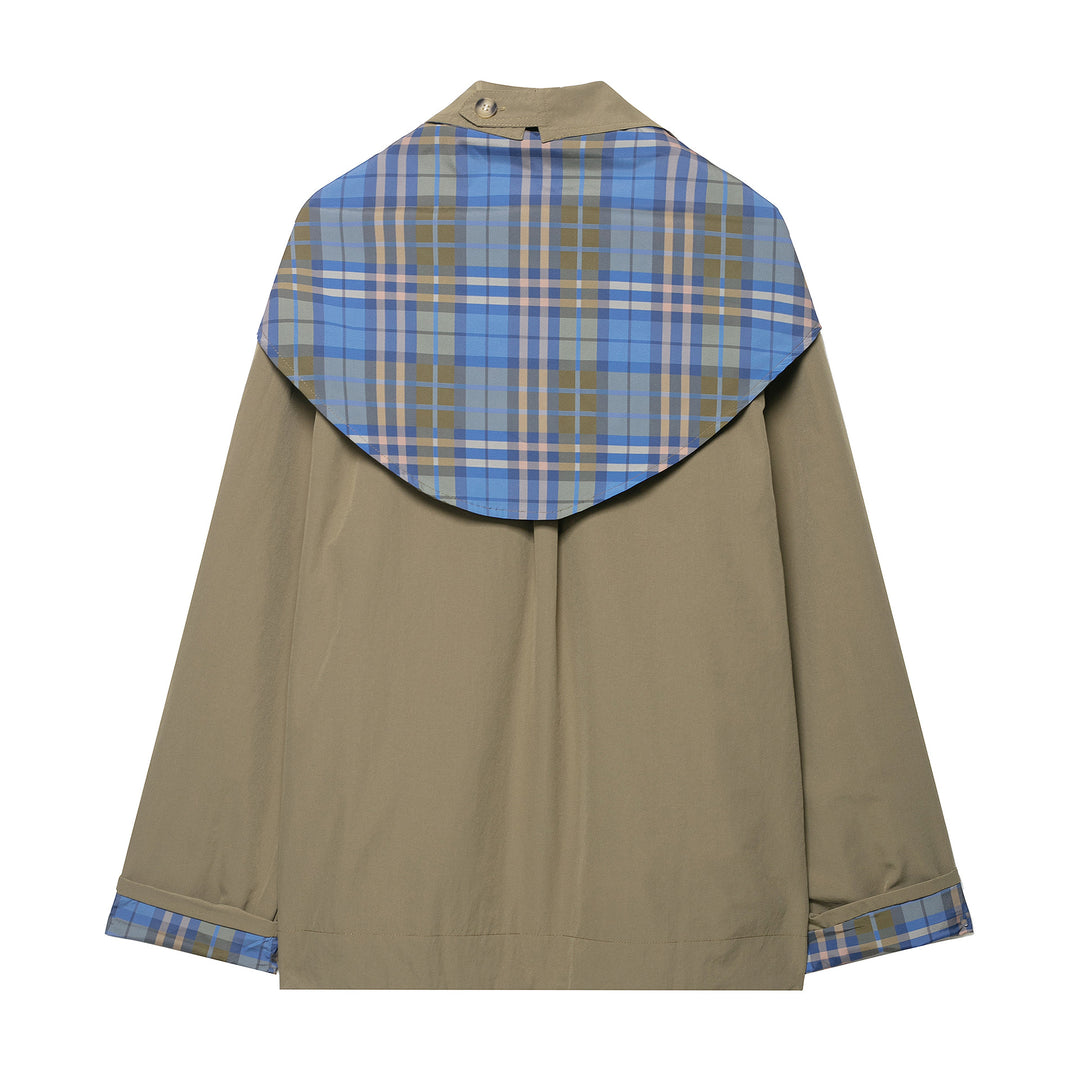 Damen 100+ kurzer Cape‑Trench mit karierter Innenverarbeitung und Knotenverschluss Drune