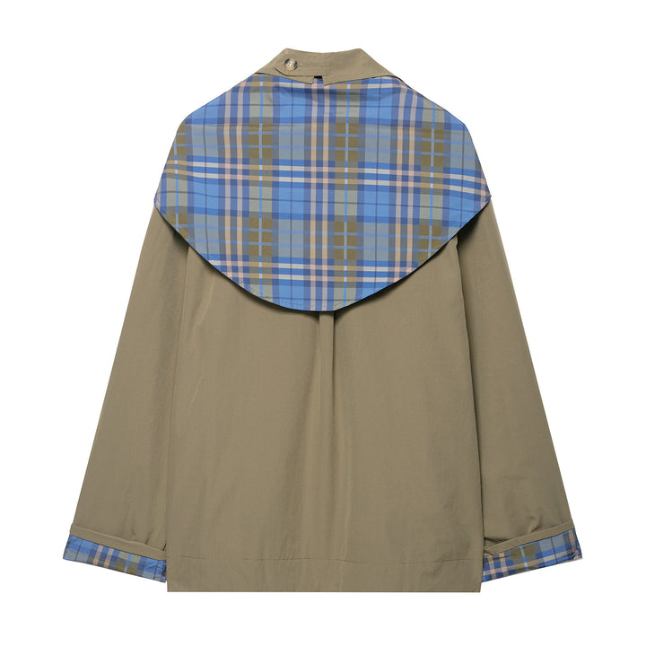 Damen 100+ kurzer Cape‑Trench mit karierter Innenverarbeitung und Knotenverschluss Drune