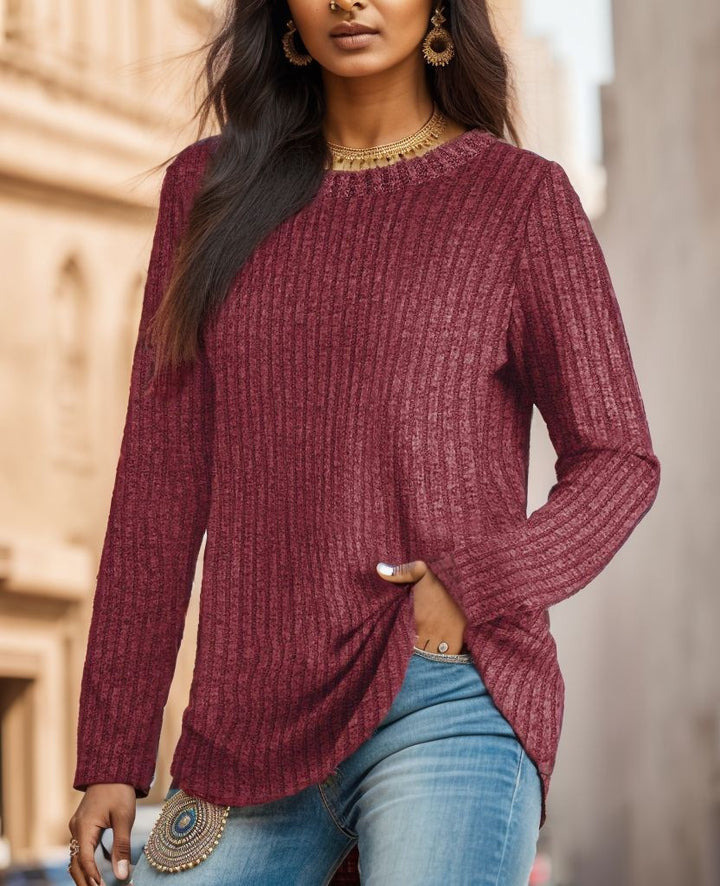 Damen Geripptes Feinstrick-Longsleeve mit Rundhalsausschnitt und asymmetrischem Saum Drune