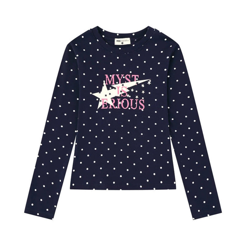 Damen Langarmshirt mit V-Ausschnitt, Polka-Dots und Statement-Print aus Baumwolljersey Drune