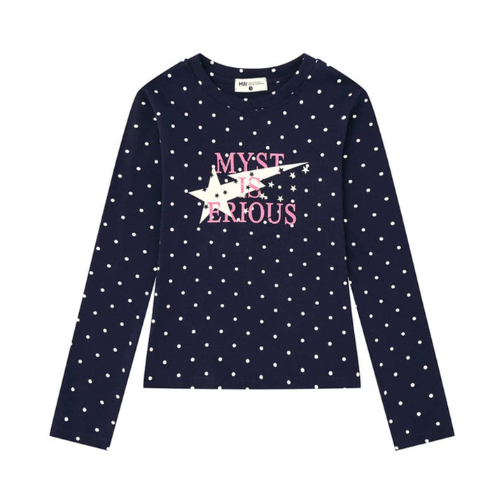 Damen Langarmshirt mit V-Ausschnitt, Polka-Dots und Statement-Print aus Baumwolljersey Drune