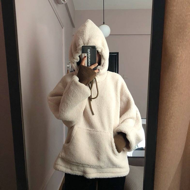 Damen kuscheliger Kapuzenpullover im Oversized-Stil mit vorderer Kängurutasche und elastischen Bündchen Drune