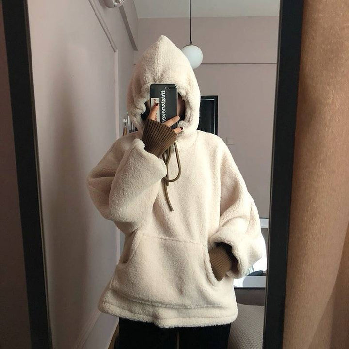 Damen kuscheliger Kapuzenpullover im Oversized-Stil mit vorderer Kängurutasche und elastischen Bündchen Drune