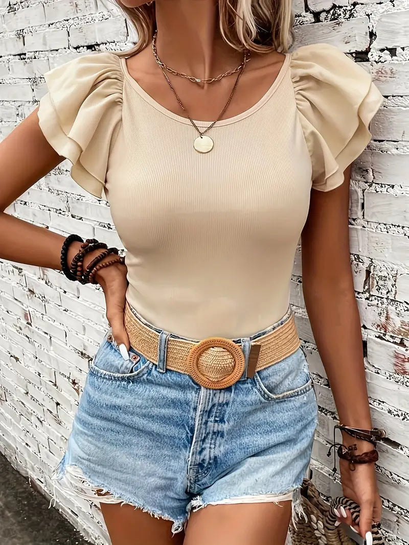 Damen Rippstrickoberteil mit Volants Drune