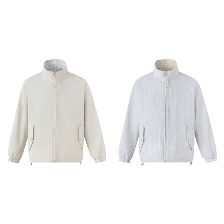 Unisex Kurz geschnittene strukturierte Boxy‑Blousonjacke mit hohem Stehkragen und Druckknopf‑Pattentaschen Drune