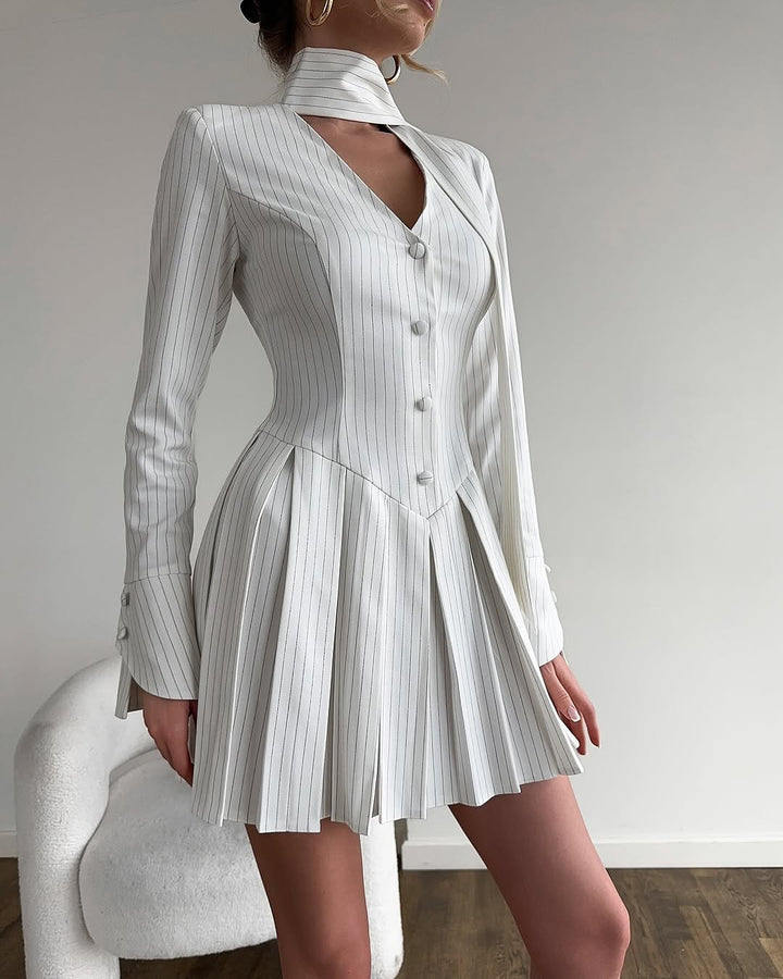 Damen Hemdblusenkleid mit Stehkragen und Faltenwurf Drune