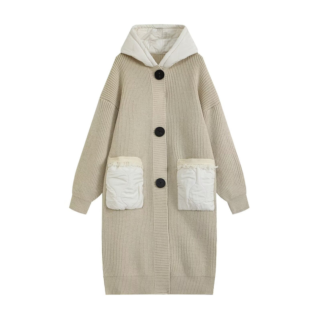 Damen Longline Grobstrickmantel mit gesteppter Kapuze und übergroßen Fronttaschen Drune