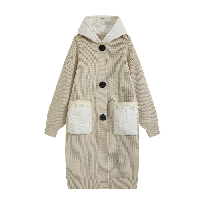 Damen Longline Grobstrickmantel mit gesteppter Kapuze und übergroßen Fronttaschen Drune