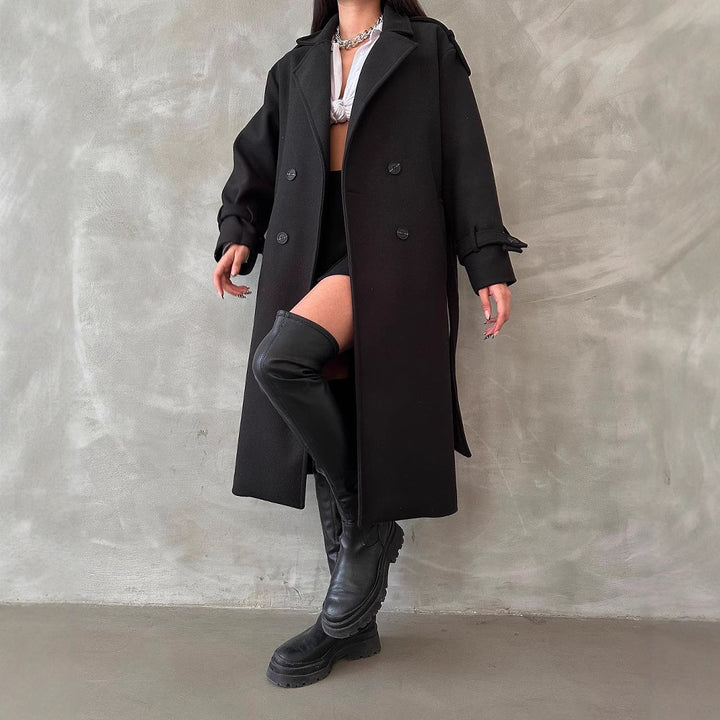 Damen Oversize Wollmix-Mantel mit doppelreihiger Knopfleiste und Taillengürtel Drune