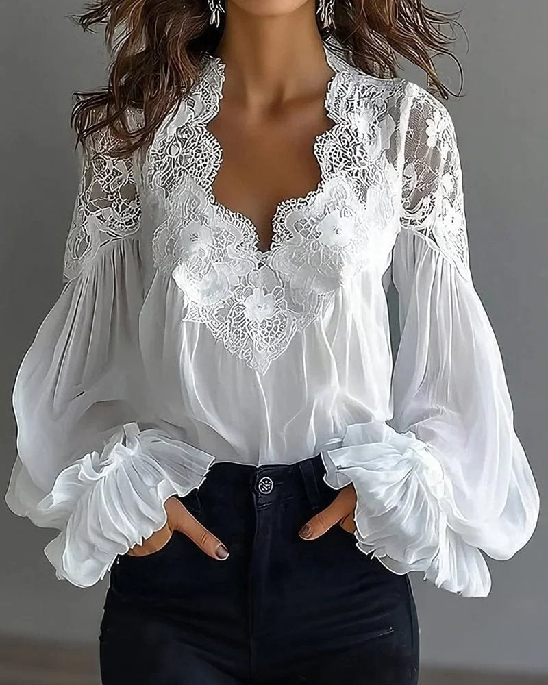 Damen Chiffon-Bluse mit Spitzen-V-Ausschnitt und weiten Plissee-Ärmeln Drune