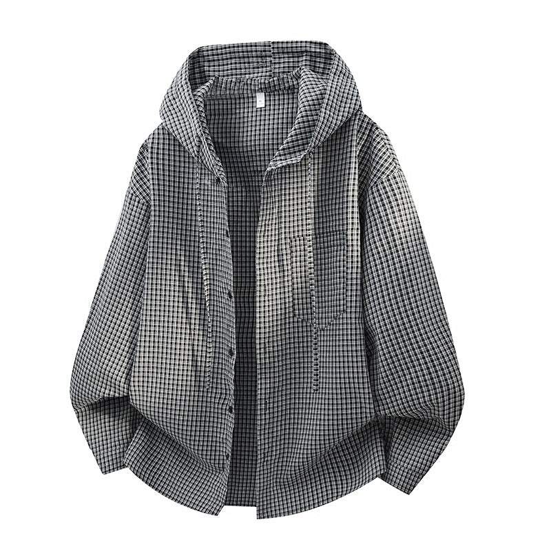 Herren Karierter Overshirt-Hoodie aus Baumwollmix mit Kapuze & Relaxed-Fit Drune