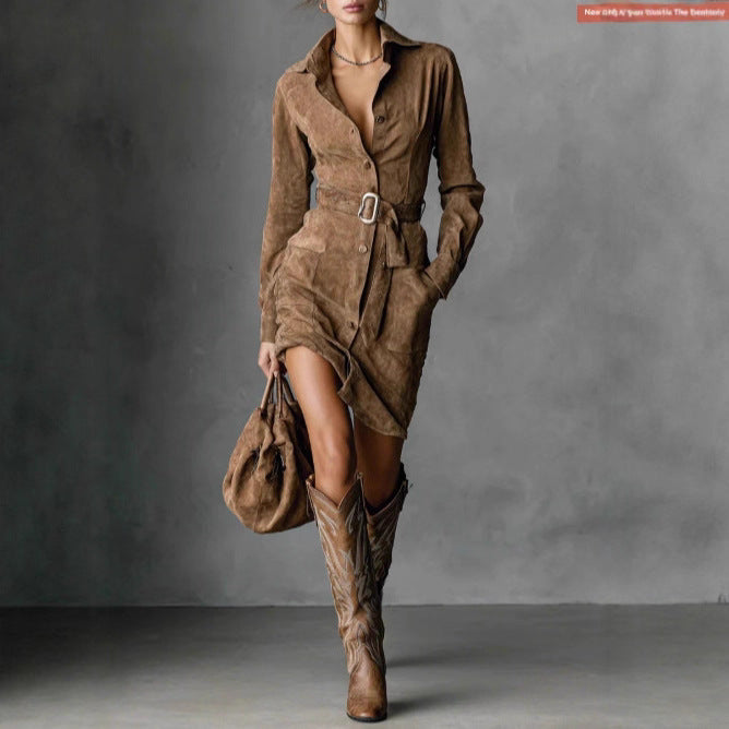 Damen Hemdblusenkleid mit tailliertem Gürtel und seitlichen Taschen Drune
