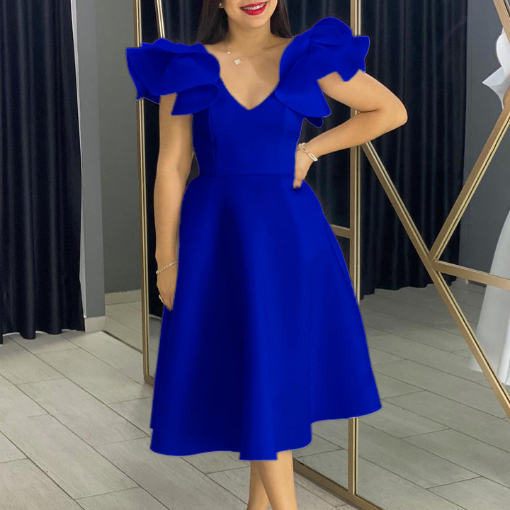 Damen Midi-Kleid mit voluminösen Rüschenärmeln und weit schwingendem Rock Drune