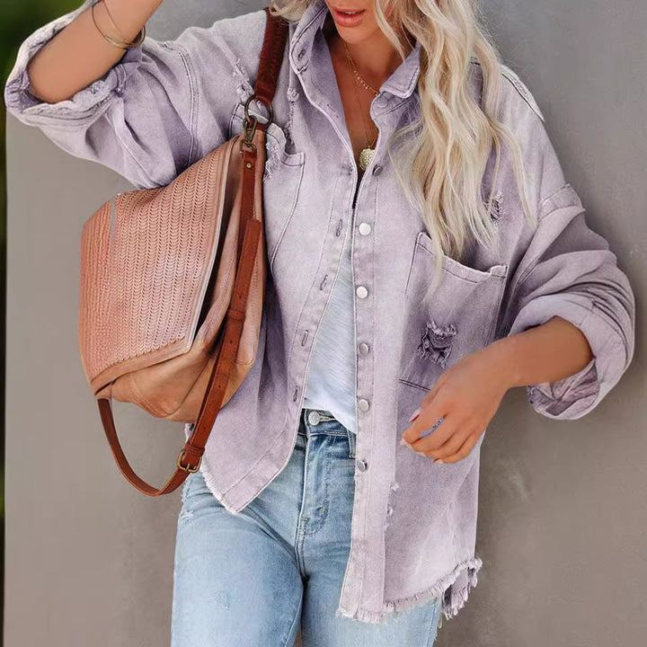 Damen nan oversized Jeansjacke mit Fransen, distressed Details und Druckknöpfen Drune