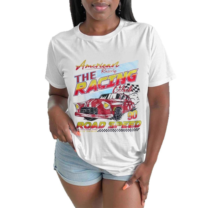 Damen T-Shirt mit künstlerischem Retro-Rennsport-Motiv und bequemer Passform Drune