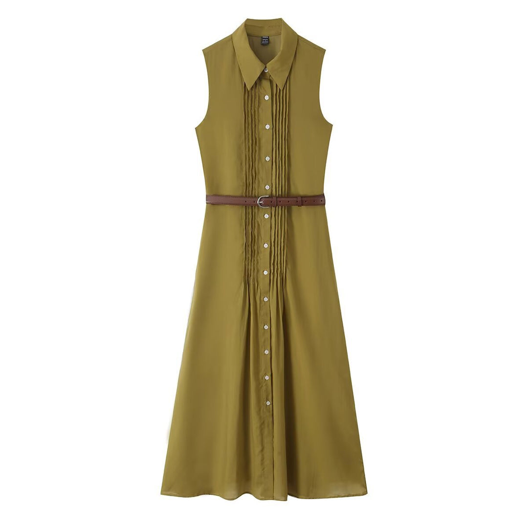 Damen Ärmelloses Hemdblusenkleid mit Kellerfalten, durchgehender Knopfleiste und Taillengürtel Drune