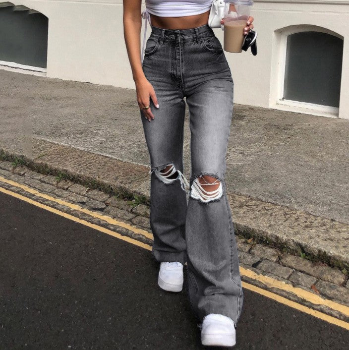 Damen Vintage Schlagjeans mit modischen Rissdetails und hohem Bund Drune