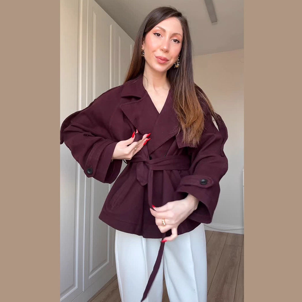 Damen Kurzjacke im Trenchstil mit Taillengürtel, Oversize-Ärmeln und kastiger Cropped-Silhouette Drune