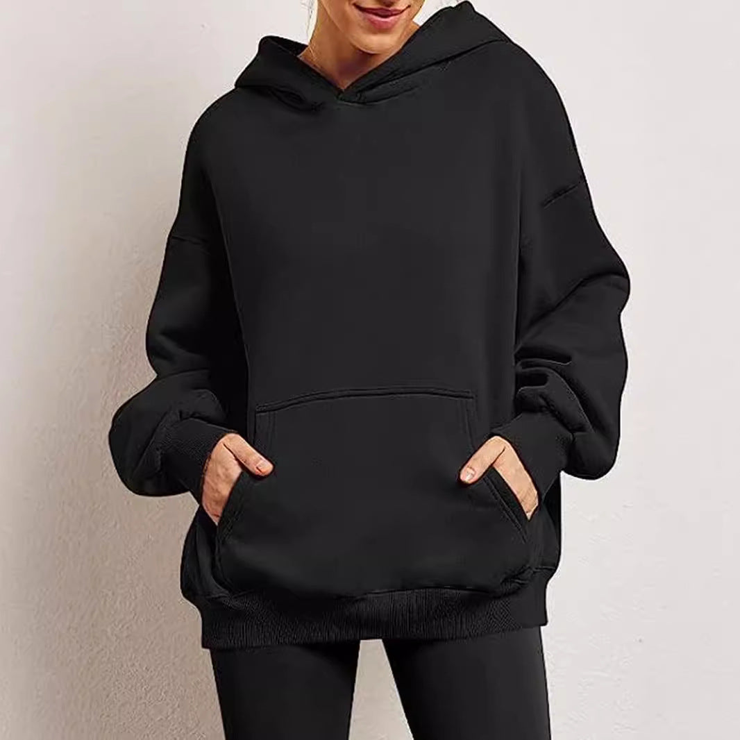Damen nan Relax-Fleece Kapuzenpullover mit Kängurutasche, verlängerter Rücken und überschnittener Schulter Drune