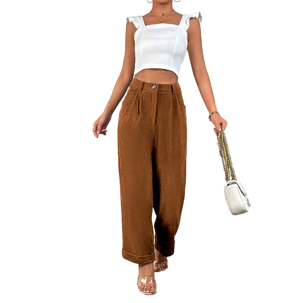 Damen hochgeschnittene Cordhose mit weitem Bein, Bundfalten und umgeschlagenem Saum Drune