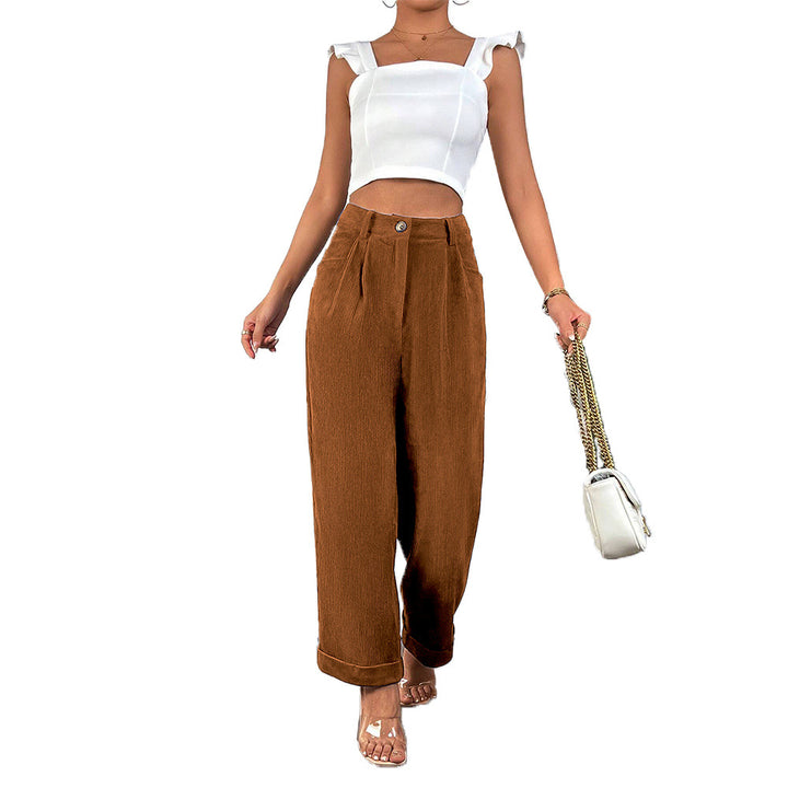 Damen hochgeschnittene Cordhose mit weitem Bein, Bundfalten und umgeschlagenem Saum Drune