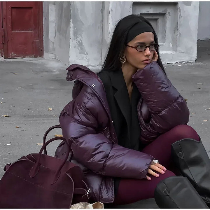 Damen modische oversized Daunenjacke mit Taillengürtel und seitlichen Taschen Drune