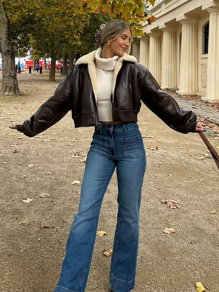 Damen Kurz geschnittene Fliegerjacke mit Teddy-Futter und Oversized-Ärmeln Drune