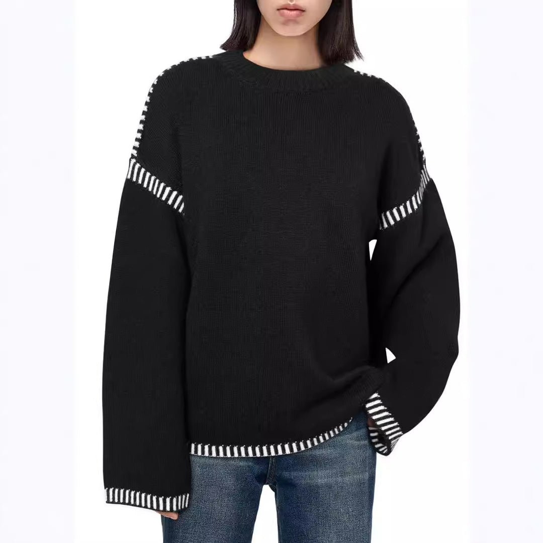 Damen Grobstrickpullover mit modischem Kontrastsaum und weiten Ärmeln Drune