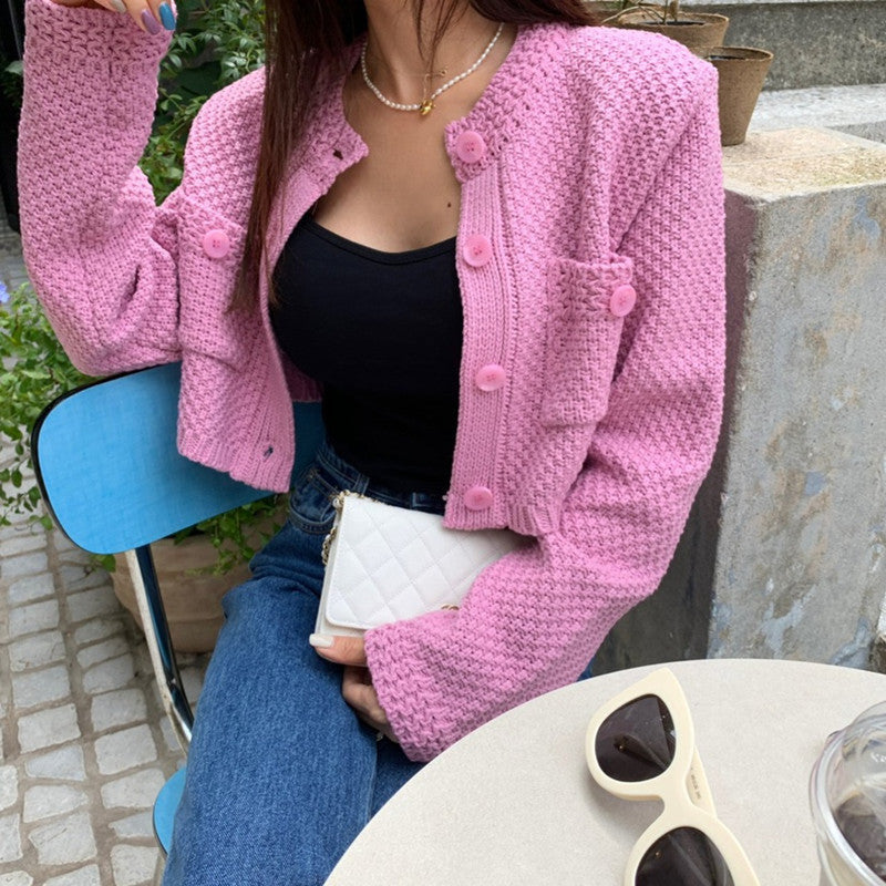 Damen modische Strickjacke mit dekorativen Knöpfen und Taschen Drune