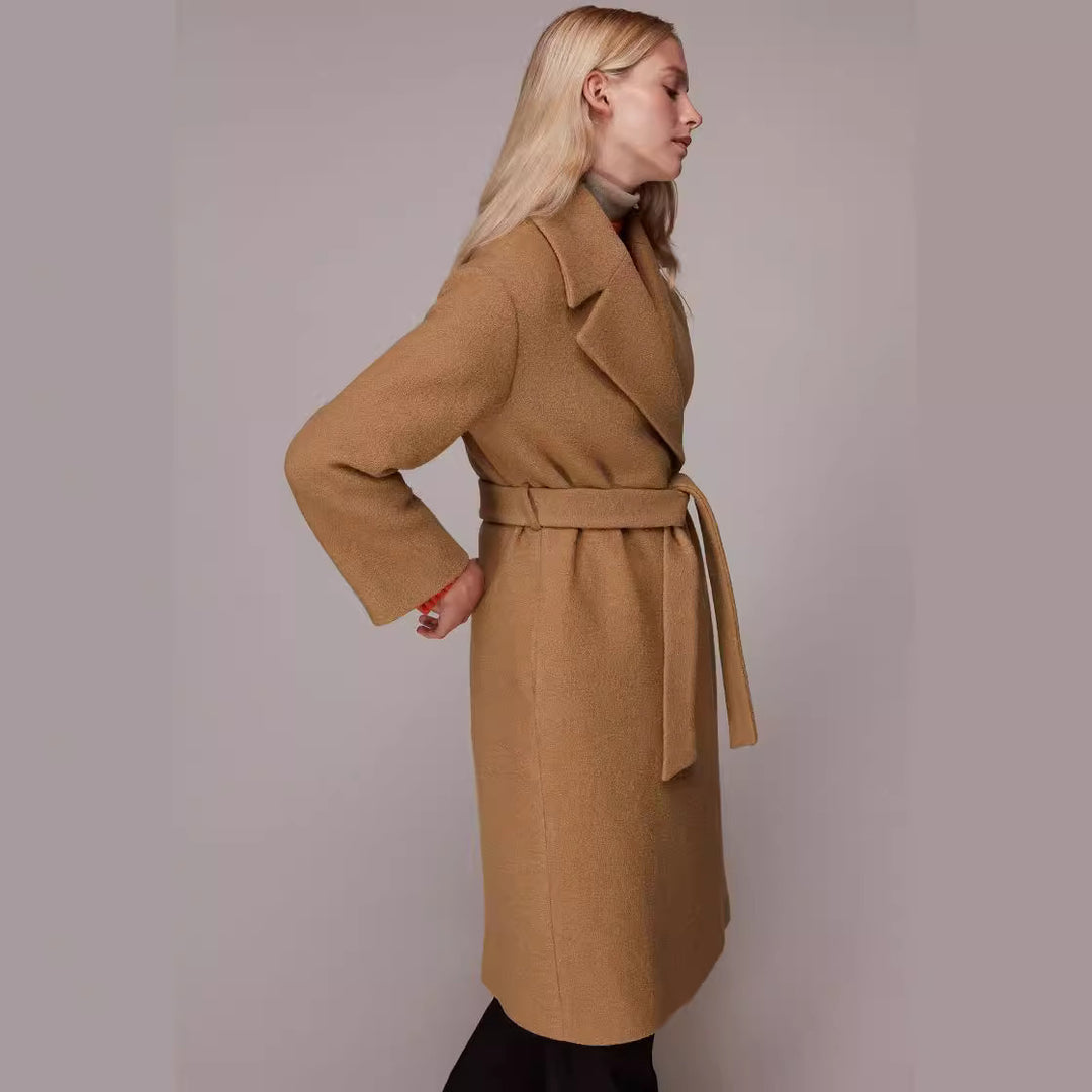 Damen Midilanger Wollmix‑Longmantel mit minimalem Schalkragen und relaxed Silhouette Drune