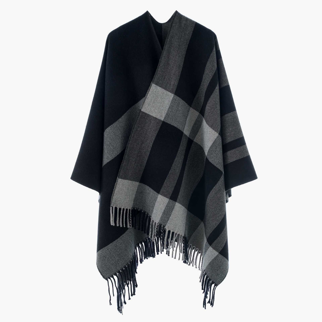 Damen Oversize-Cape mit Glencheck-Muster und Fransenabschluss Drune