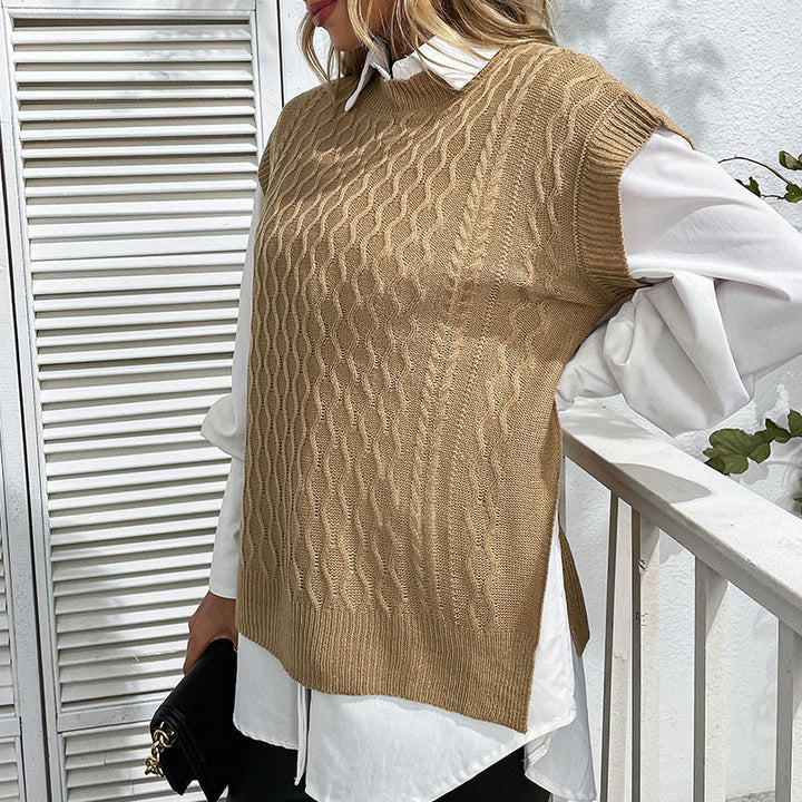 Damen Oversize Strickweste mit Zopfmuster und Rundhalsausschnitt Drune