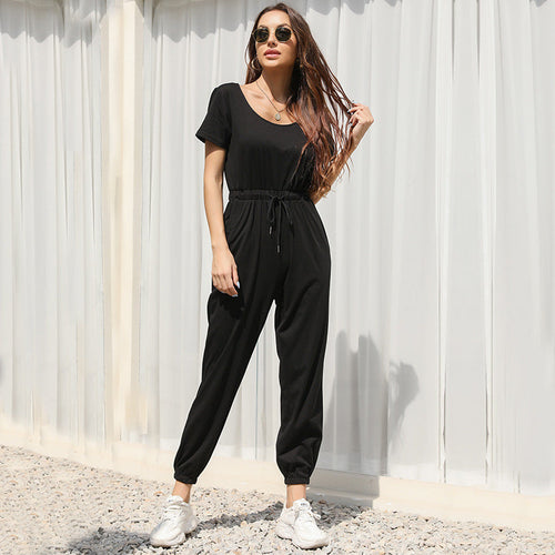 Damen lässiger Jumpsuit mit elastischem Bund und taillierbarem Gürtel Drune