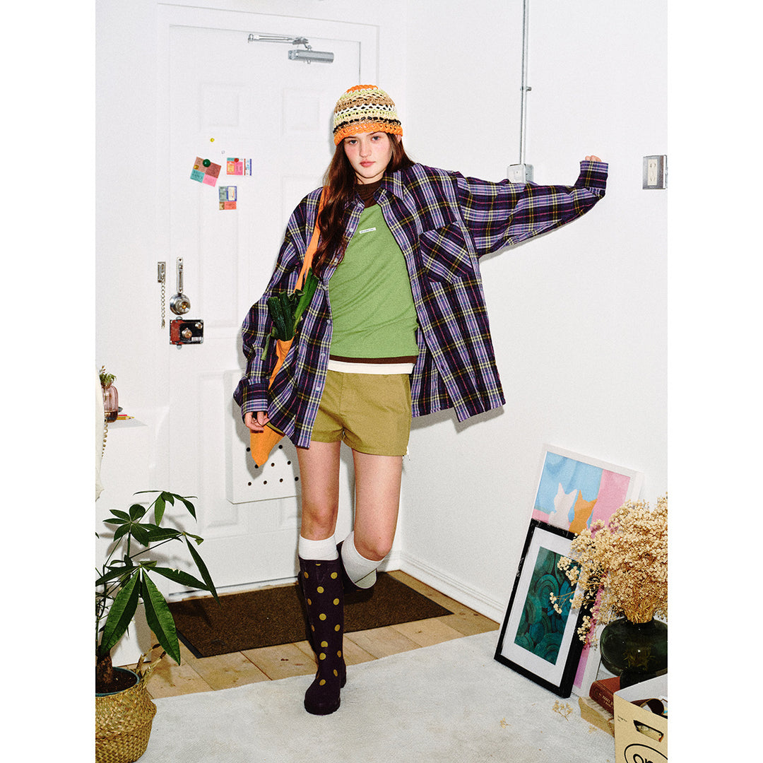 Unisex Lockeres Oversize-Karohemd im Vintage-Look mit schräger Brusttasche und geradem Saum Drune