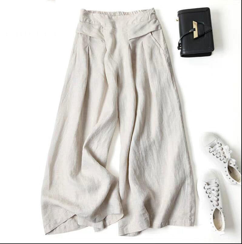 Damen Weit geschnittene Leinenhose mit hohem Bund und eleganten Falten Drune