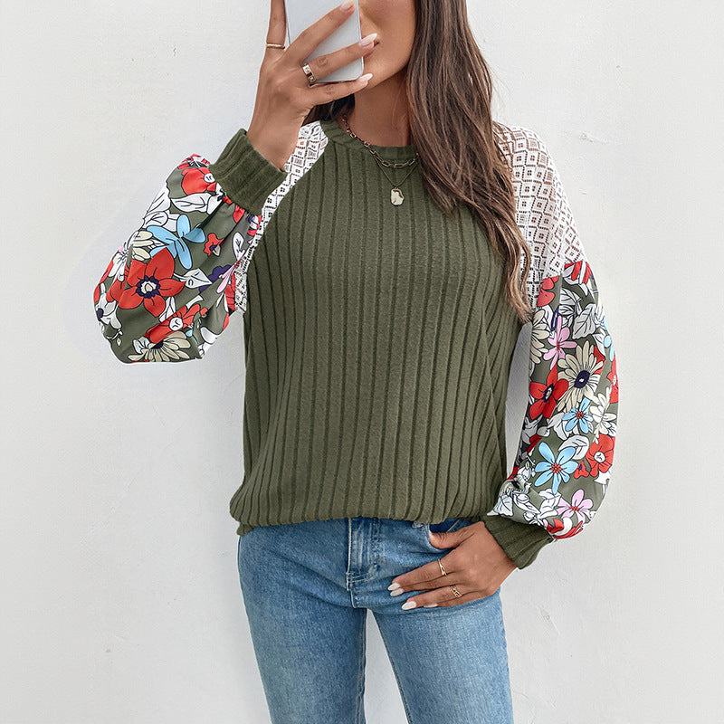 Damen Gerippter Strickpullover mit Häkel-Schulter & gDrunelümten Ballonärmeln Drune